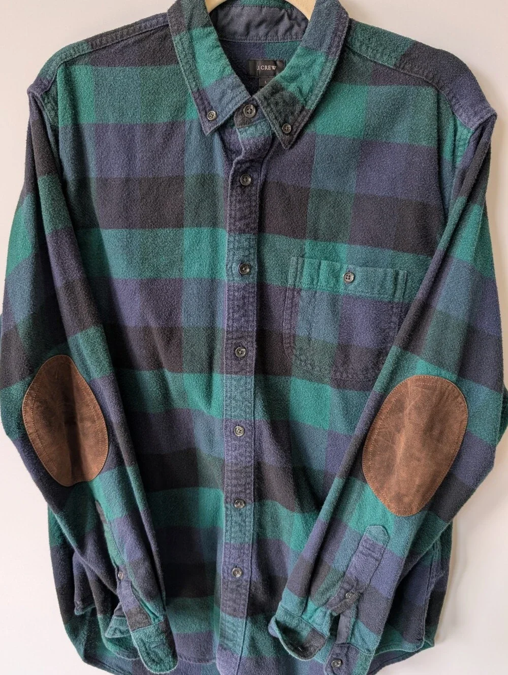 J.Crew Wool-Blend Buffalo Plaid Flannel Shirt with Faux Suede Elbow Patches